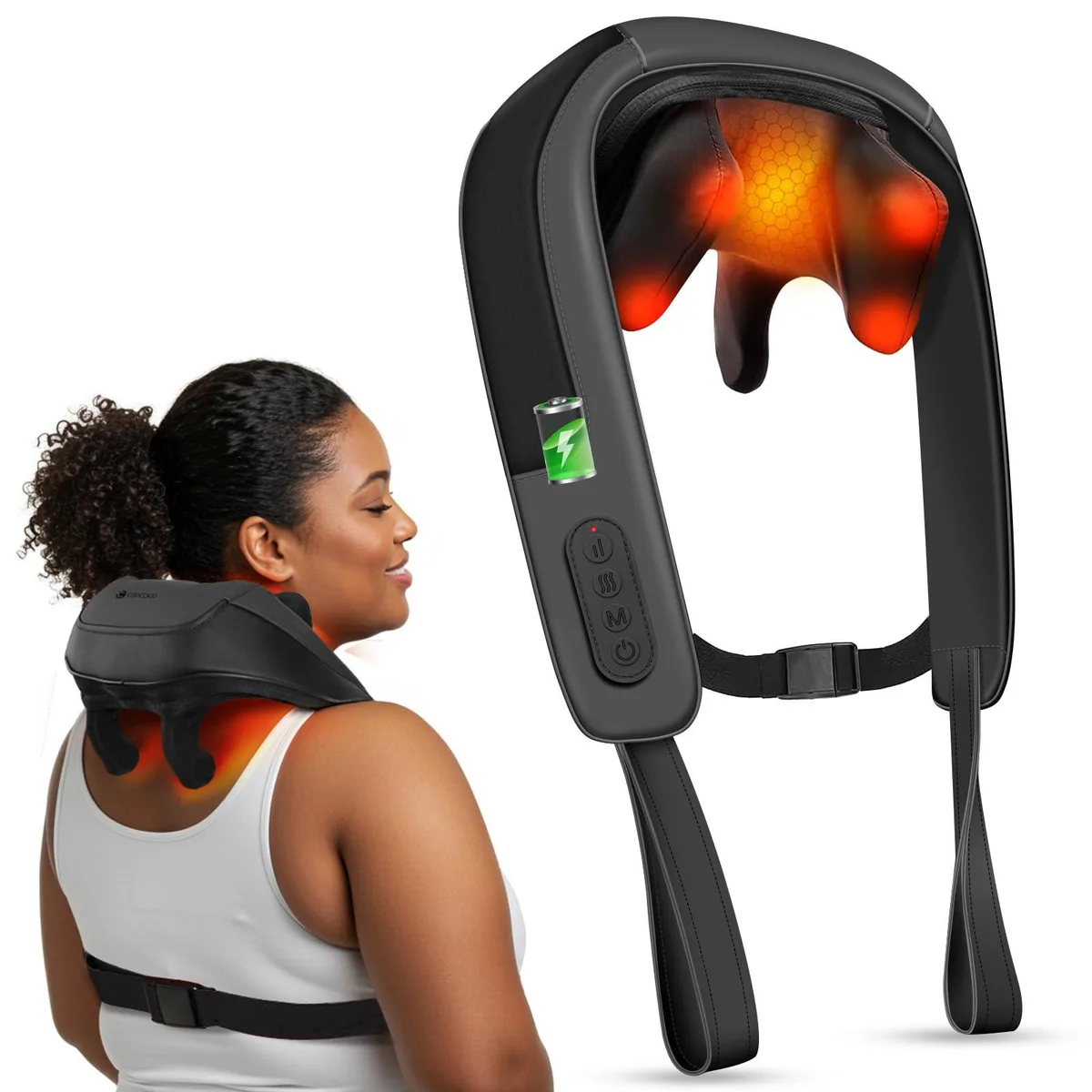 Grey wrap-around neck massager in faux leather with adjustable straps, cordless design