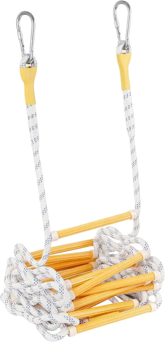 Compact beige rope ladder with two metal hooks folded in a carry bag
