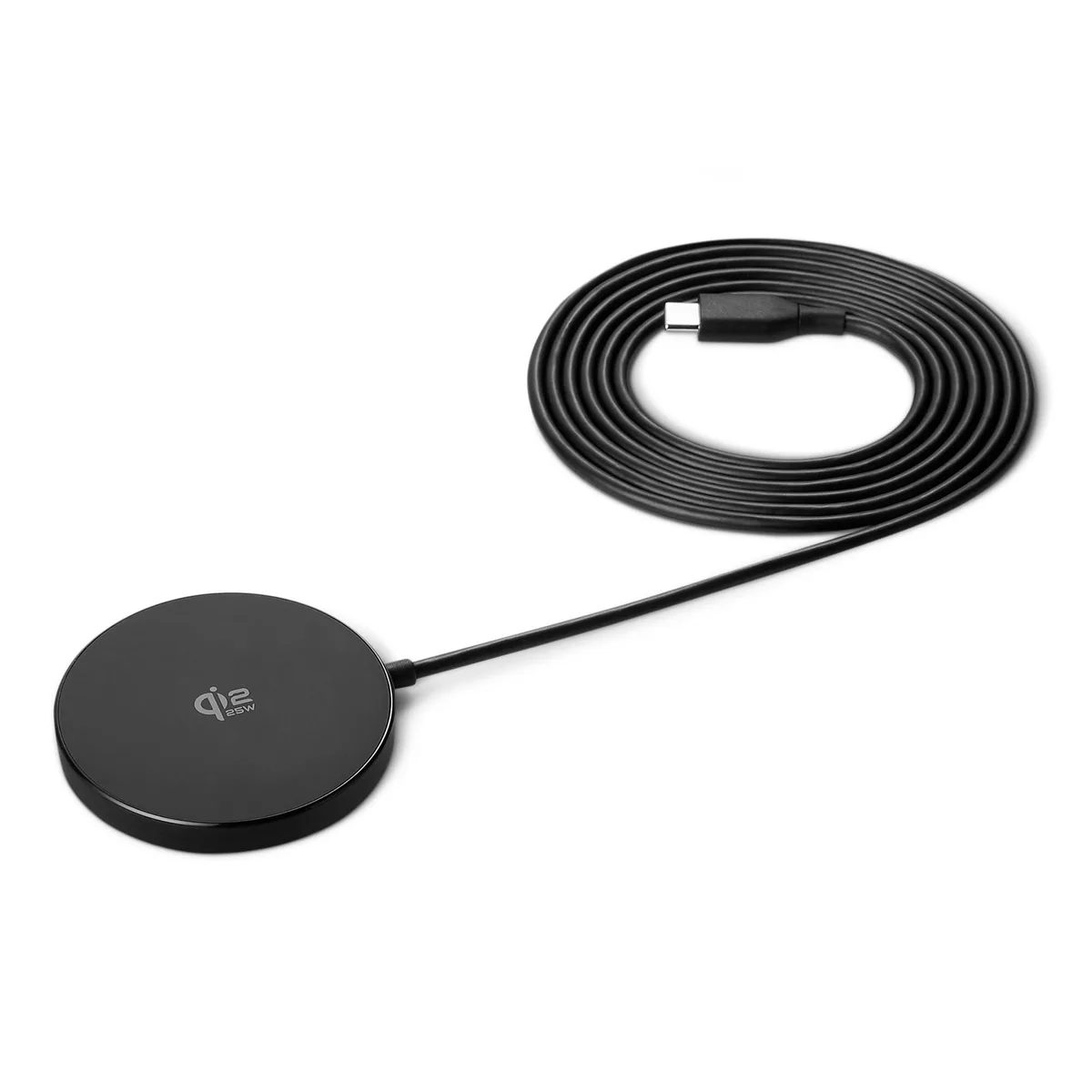 Flat black wireless charging pad with 5ft USB-C cable