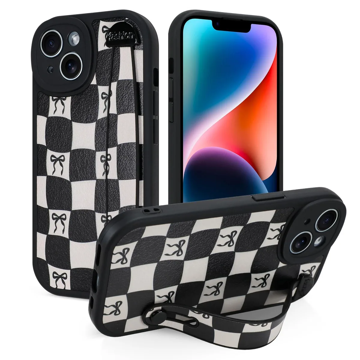 Black checkered bow phone case with leather finger strap and kickstand, shown on iPhone 14