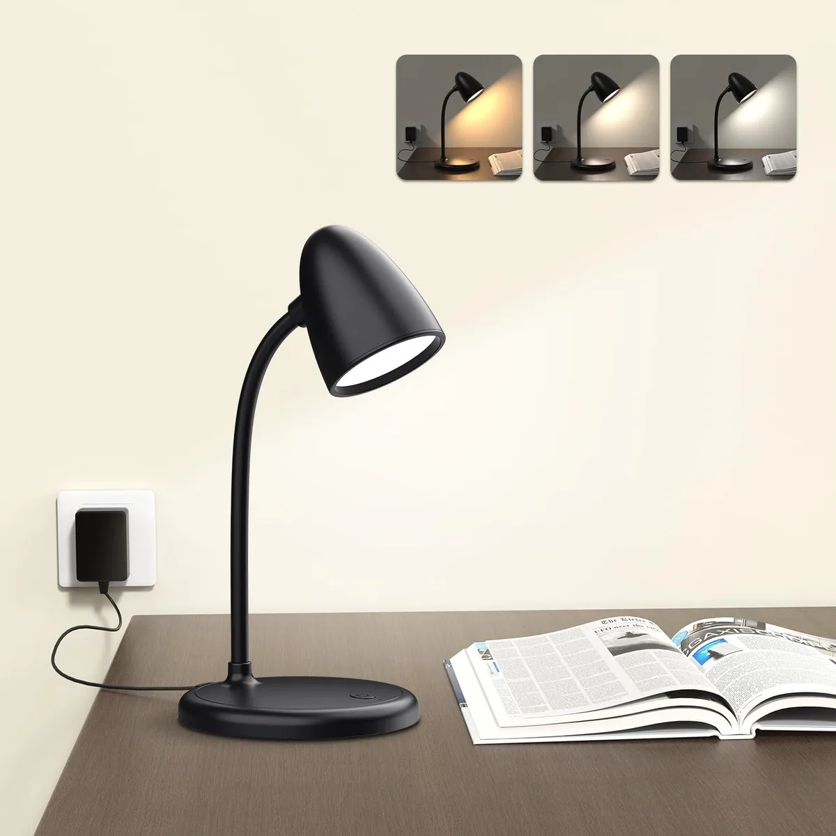 Black cylindrical desk lamp, 360° adjustable shade, USB-C cable attached