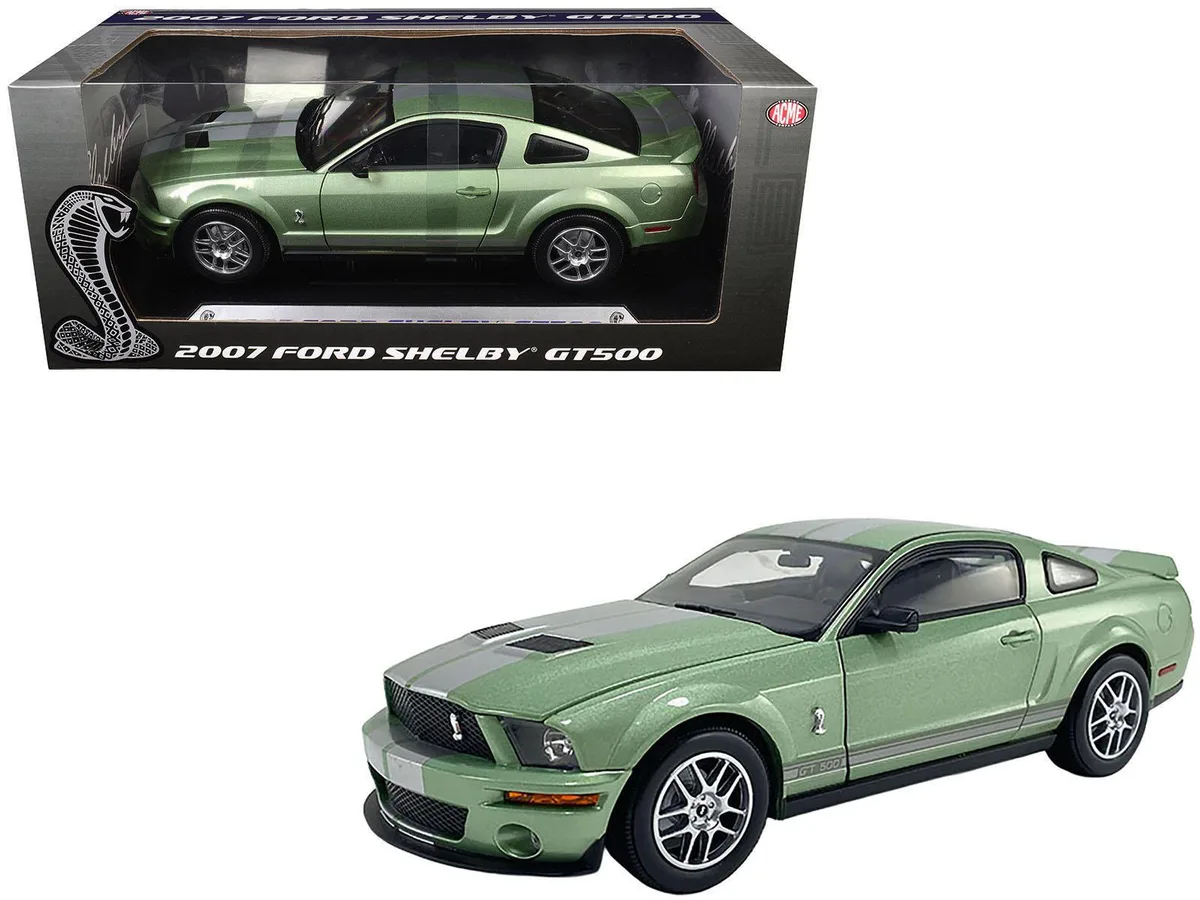 ACME ACME 2007 Ford Shelby GT500 Lime Green Metallic Silver Stripes 1/18 Diecast — product photo