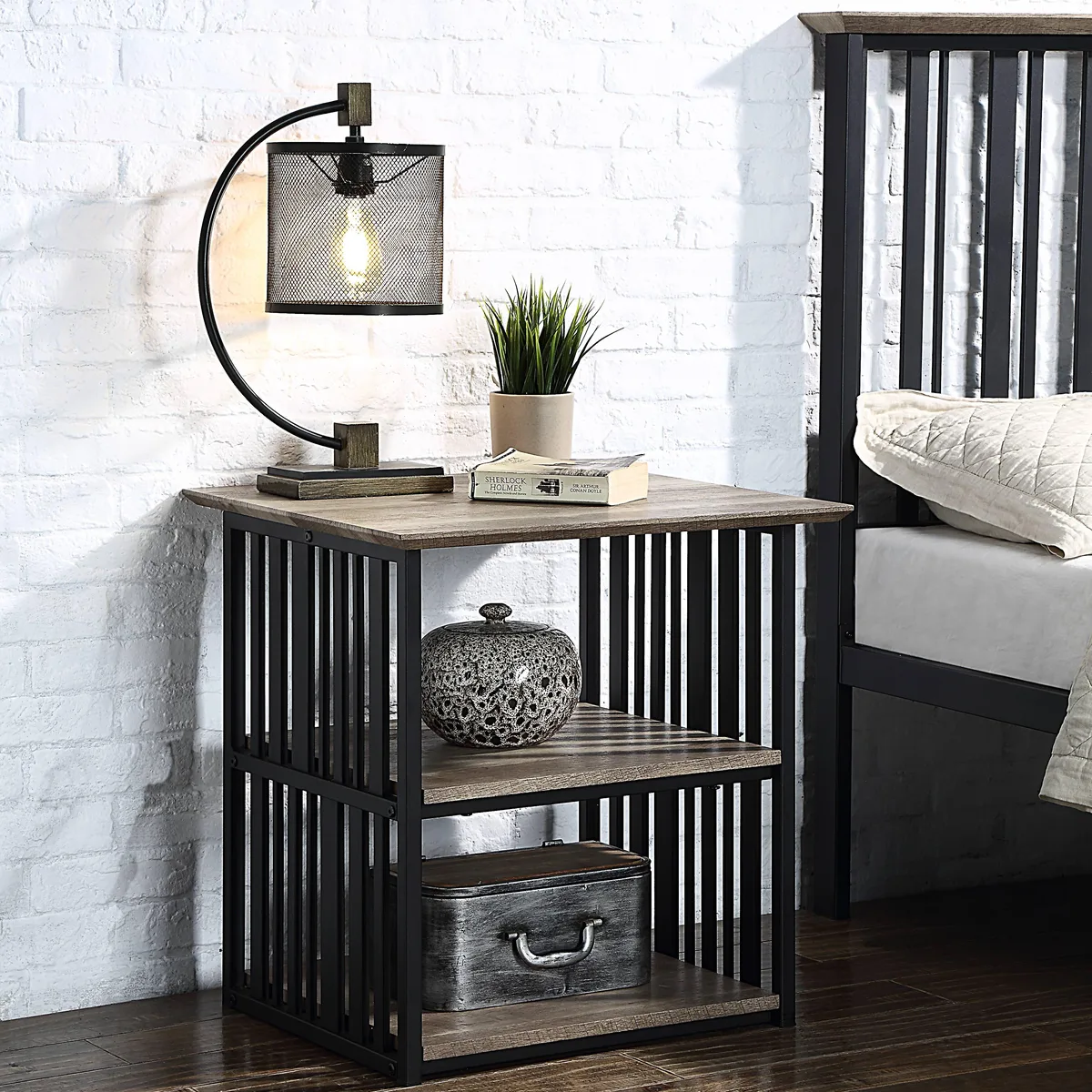 tuphen tuphen Antique Oak and Black 3-Shelf Nightstand — product photo