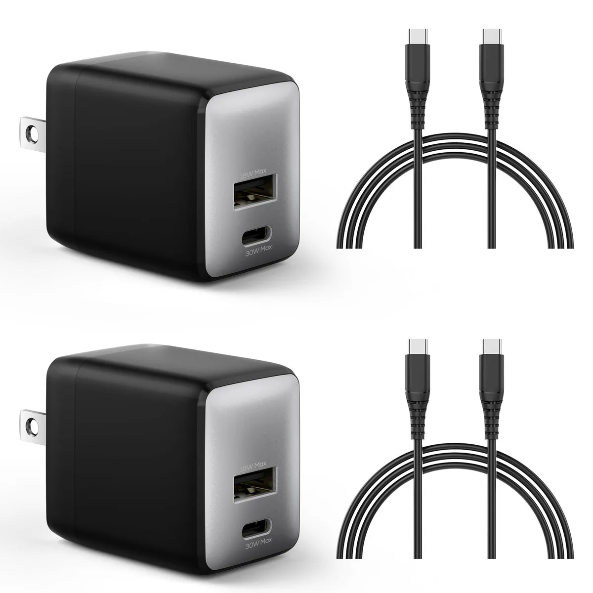 Two black compact GaN chargers with foldable plugs and two USB-C cables