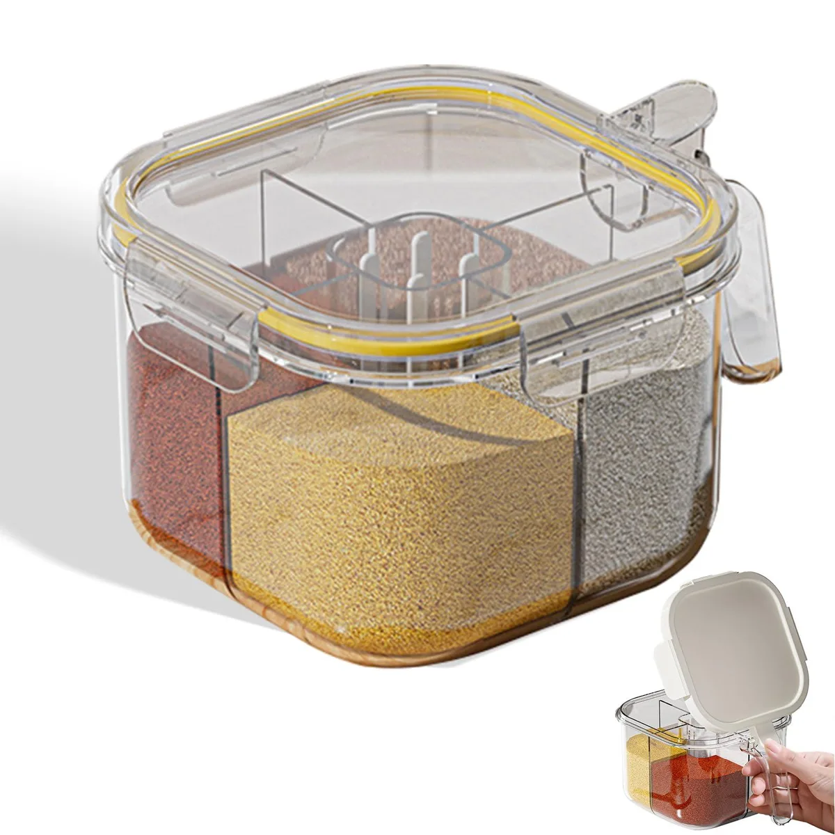 Red four-compartment seasoning box with clear lids and spoons
