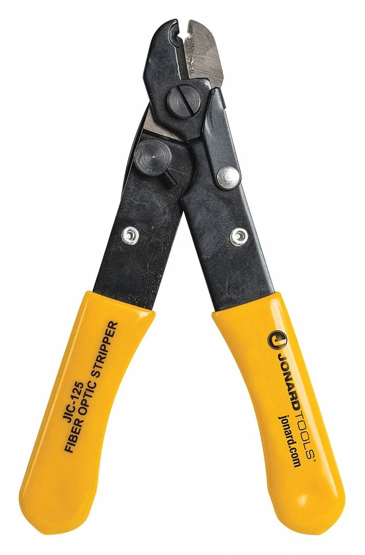 Yellow insulated fiber optic cable stripper with rubber-dipped handles, 5-1/4 inches long