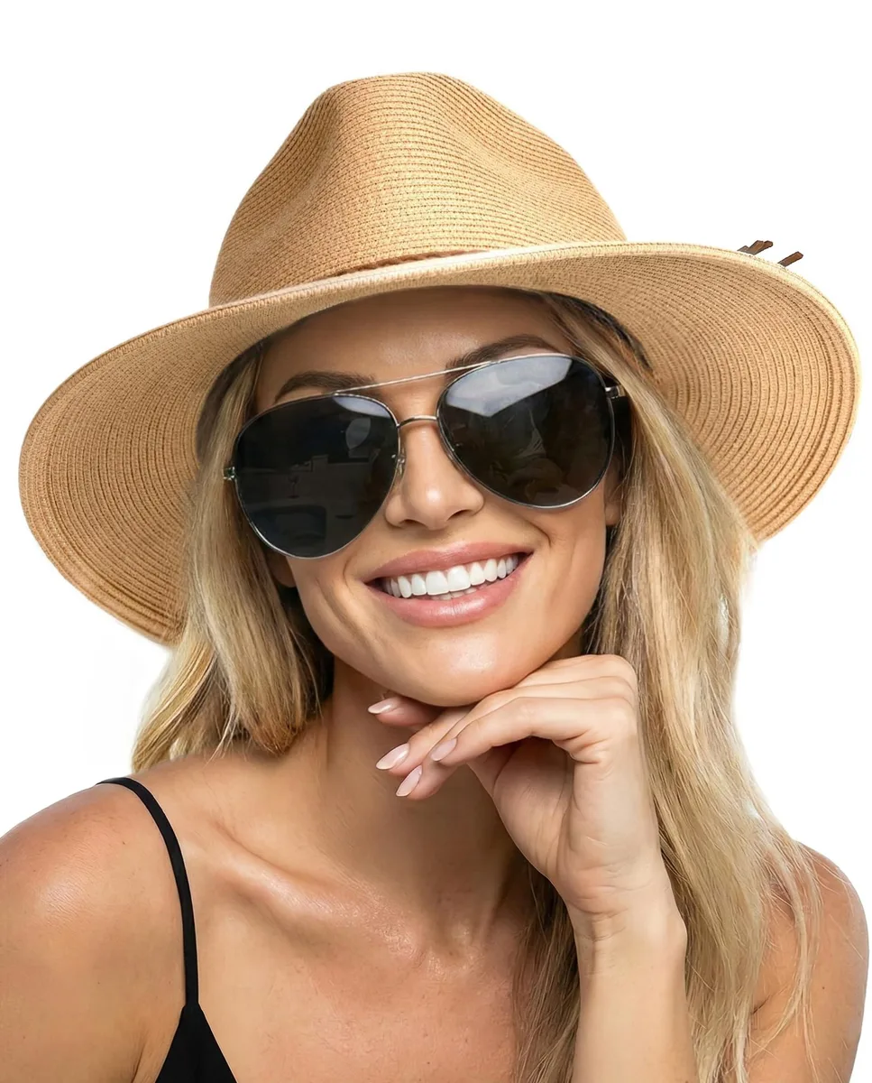 FURTALK Panama Fedora Hat Khaki UPF 50+ 90% Paper 10% Polyester M-L 22-23 1/8 — product photo