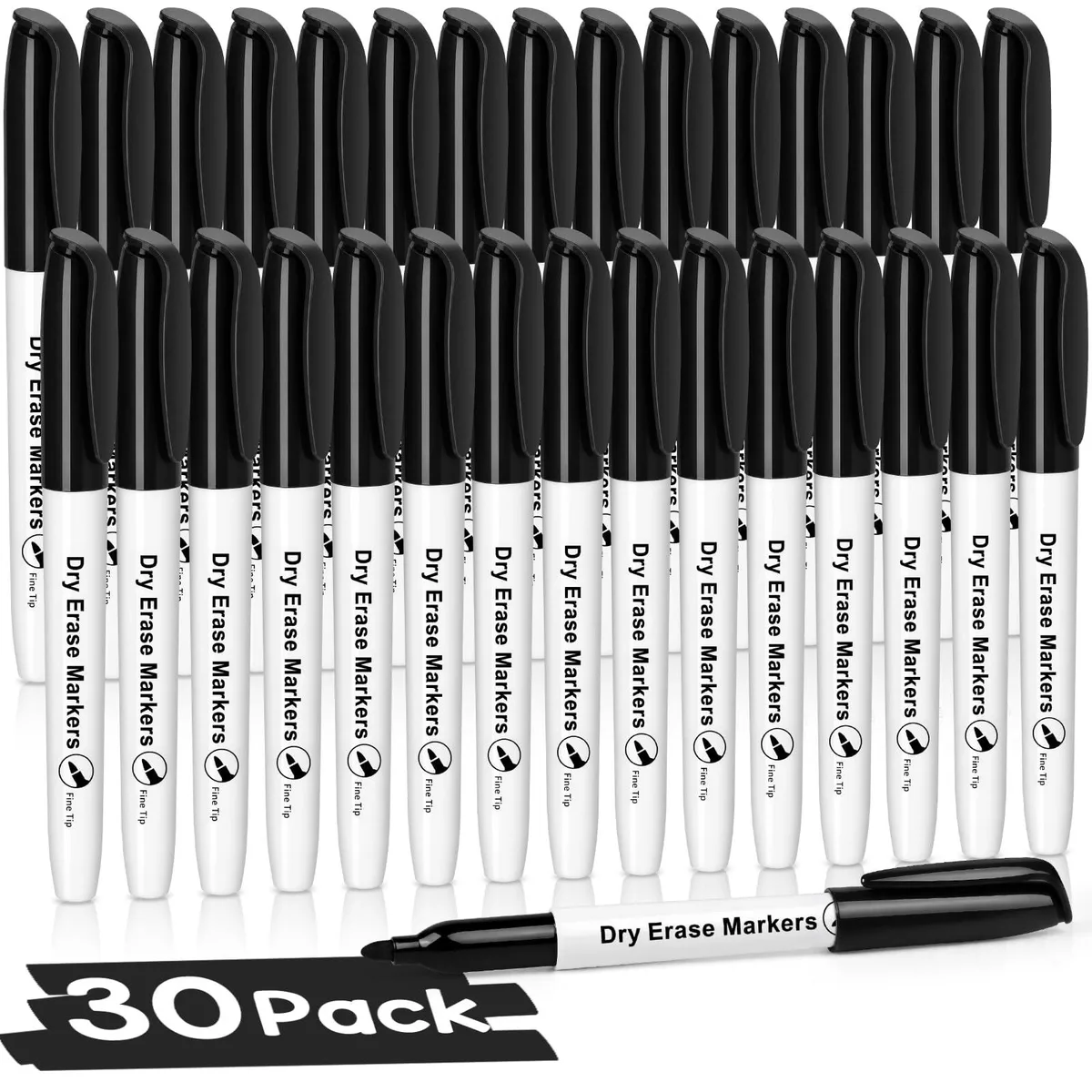 Box of 30 black fine-tip dry-erase markers with 1.5mm tips