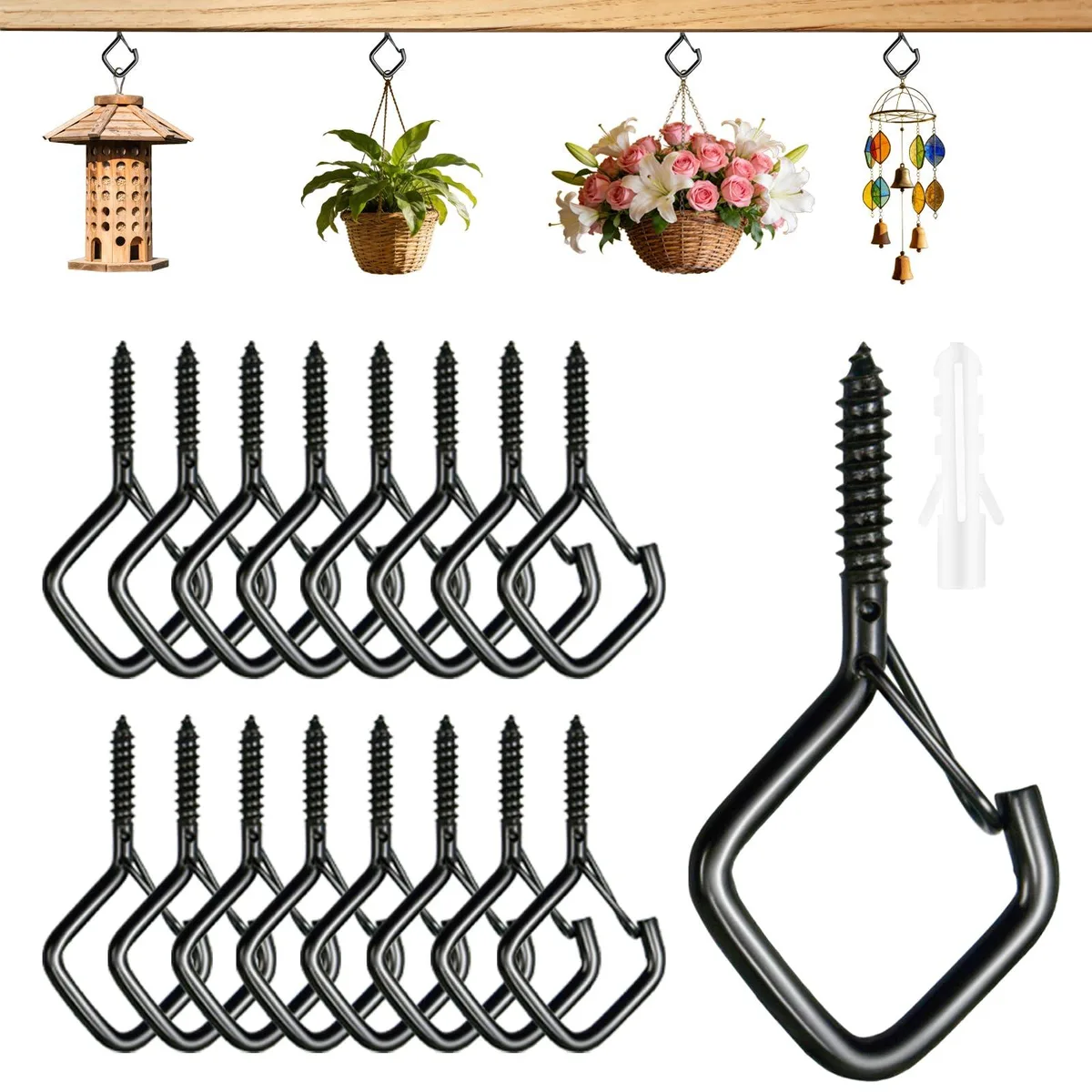 Seventeen black steel ceiling hooks with safety buckles, 2.2 inches long