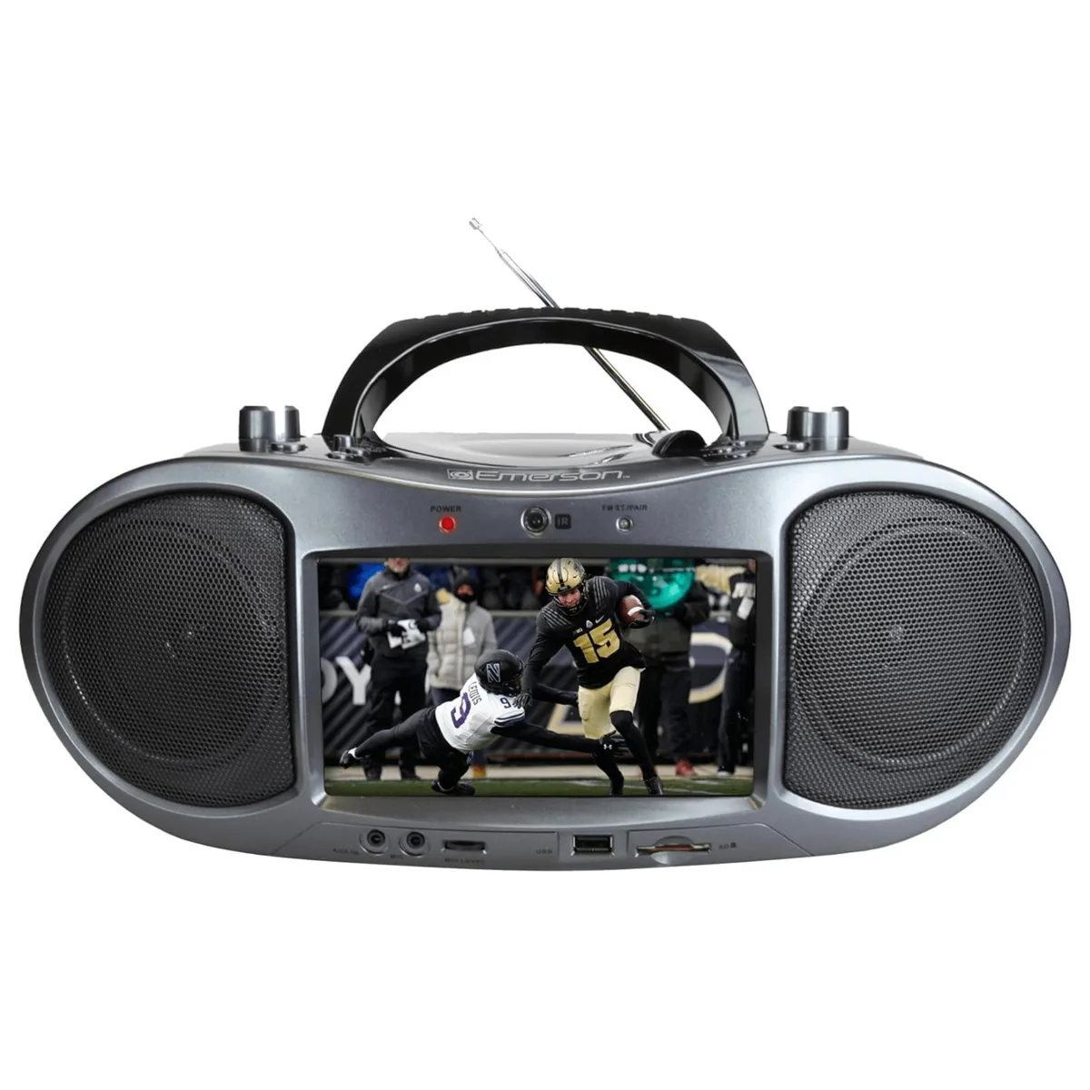 Emerson Emerson EDL-2560H 7" DVD boombox, Bluetooth, HD input, AM/FM, twin speakers, black — product photo
