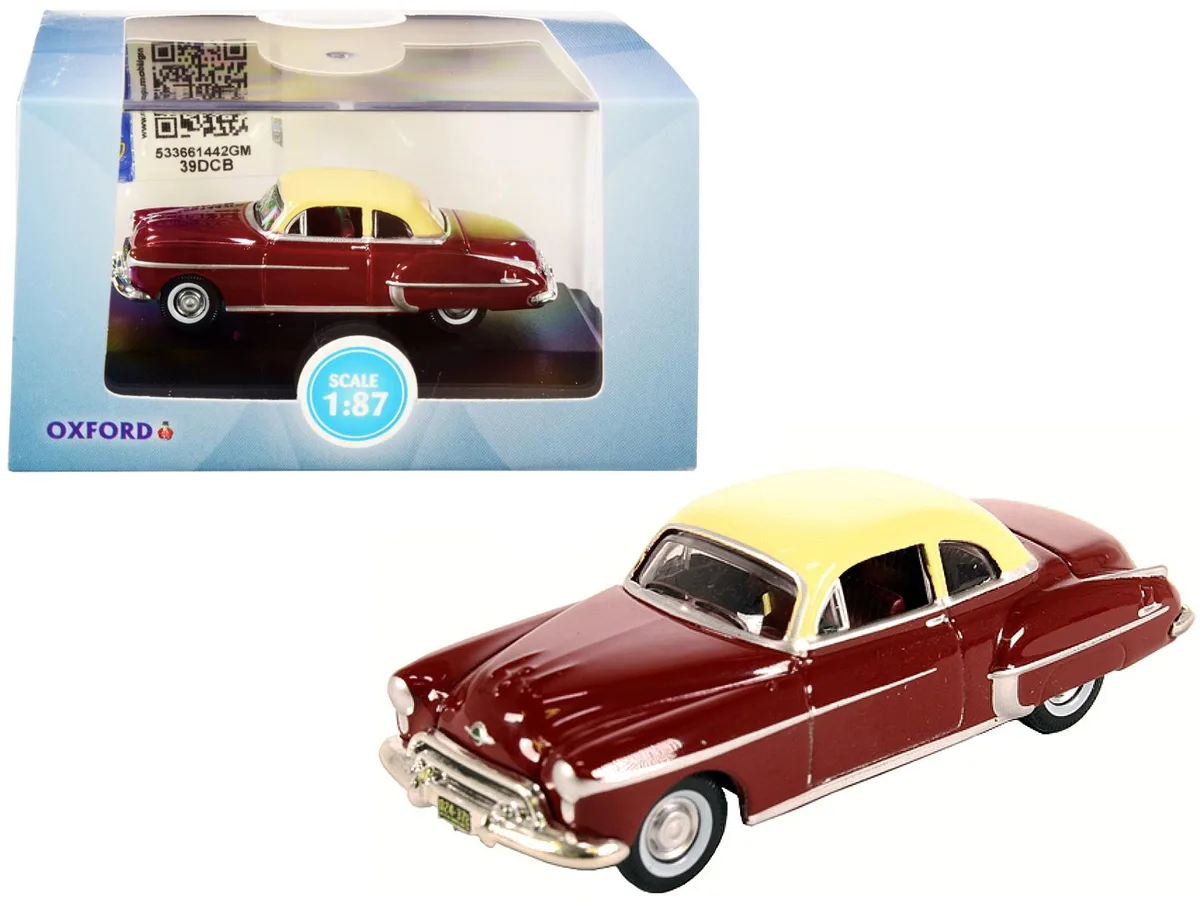Oxford Diecast Oxford Diecast 1950 Oldsmobile Rocket 88 Coupe Chariot Red Canto Cream Top 1/87 HO Scale Hobby Collectible — product photo