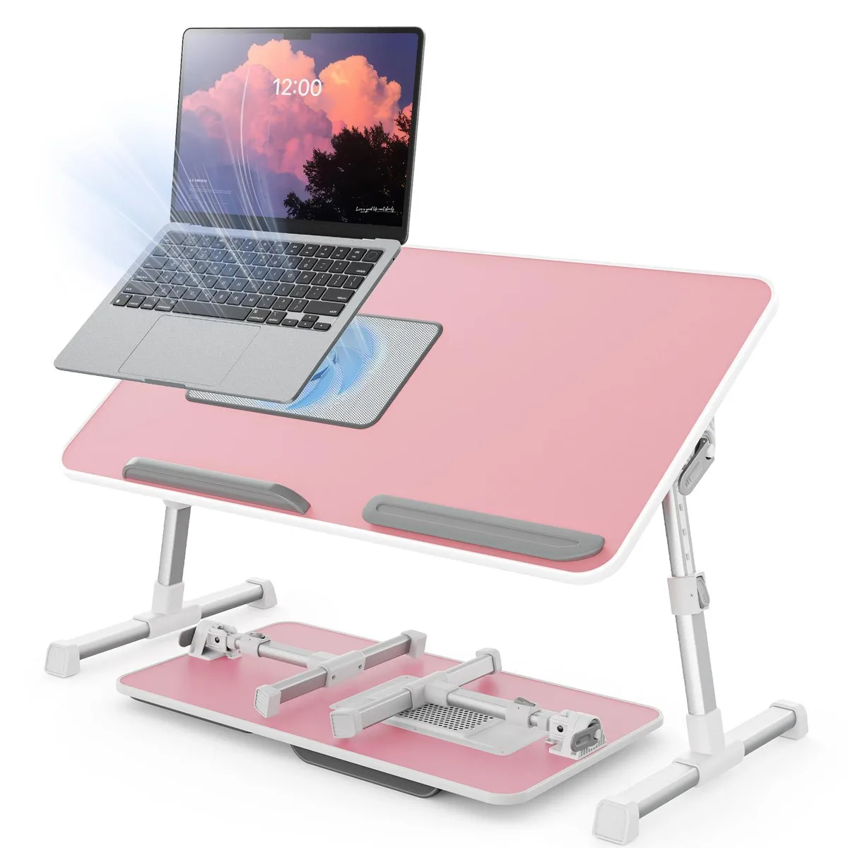 Black foldable laptop desk with built-in cooling fan, adjustable legs and wrist rest