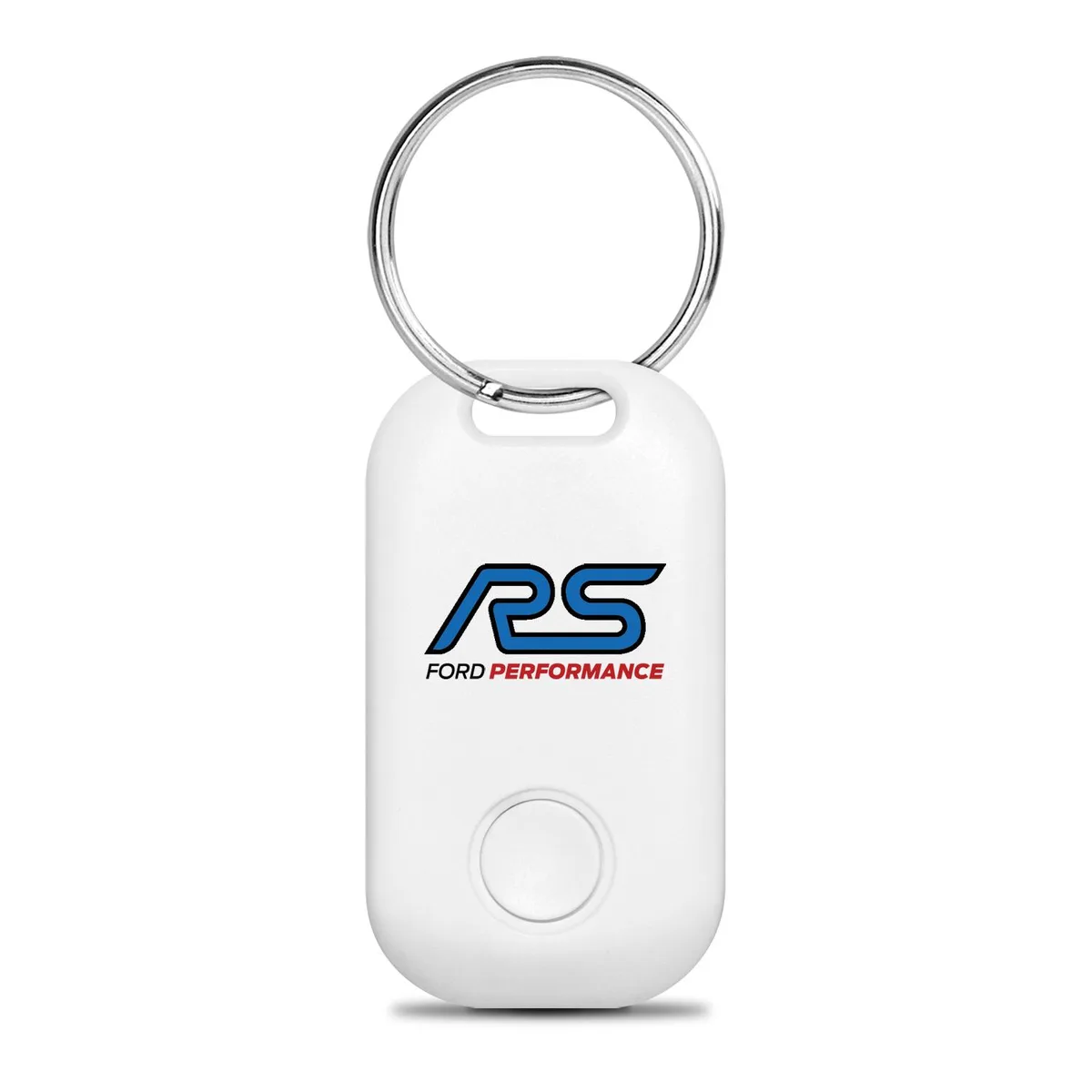 Black rectangular Bluetooth tracker with Ford Focus RS logo, key-ring attached