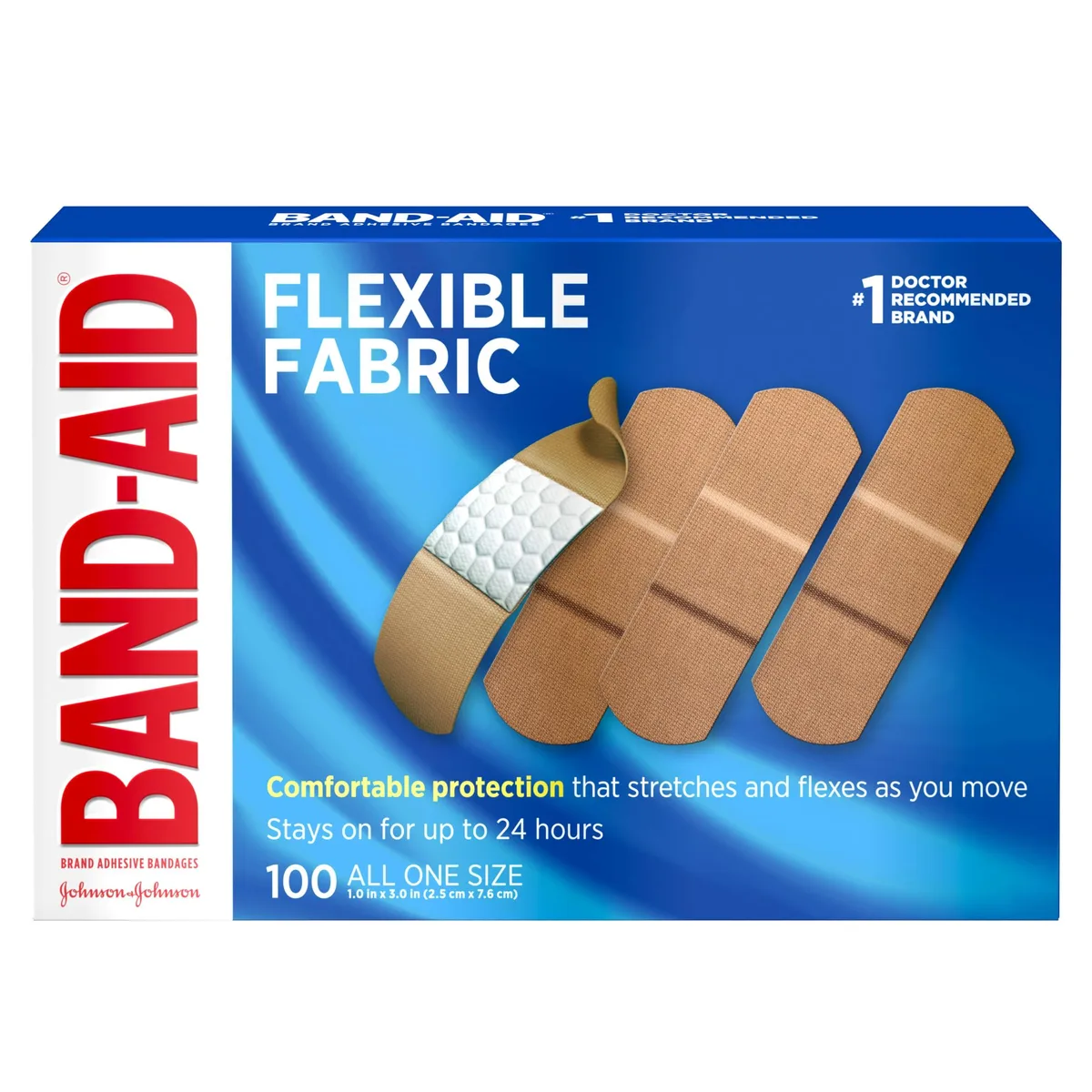 Cardboard box containing one hundred beige fabric adhesive bandages