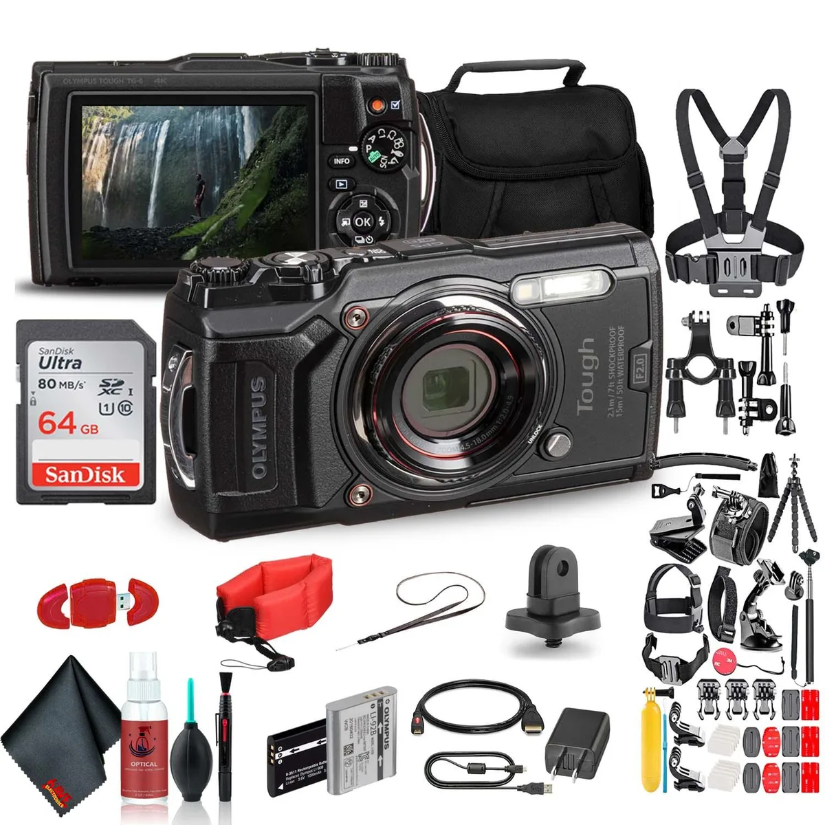 Olympus America Inc. Olympus TG-6 Tough Camera Black Bundle 50pc Kit 64GB Card Float Strap Case — product photo