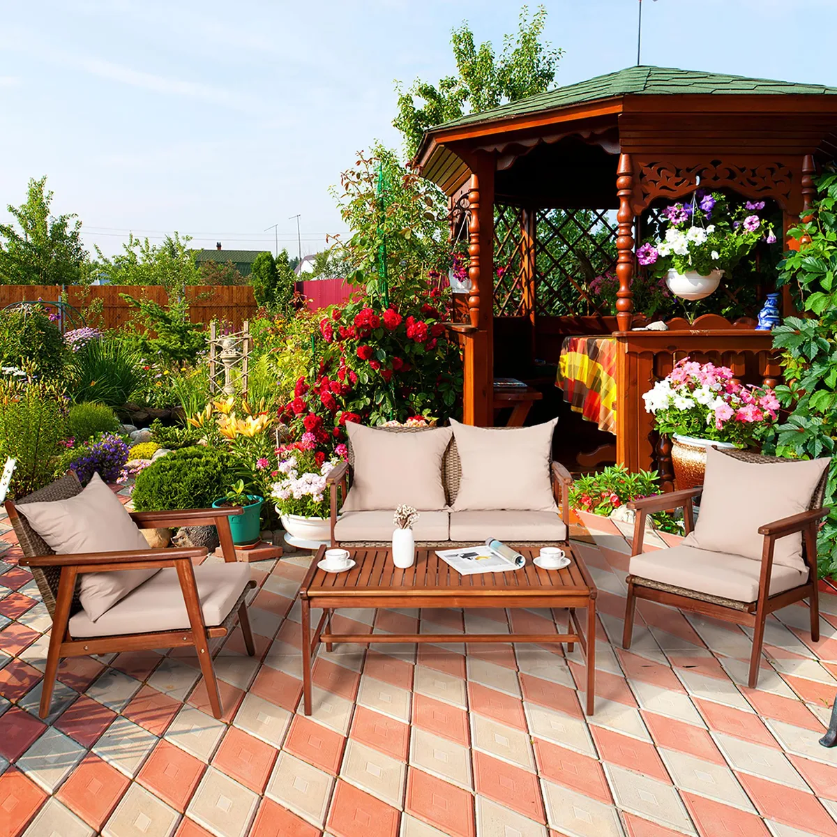 Four-piece rattan outdoor sofa set with acacia wood frames and cushions, single chair 24.5 inches long