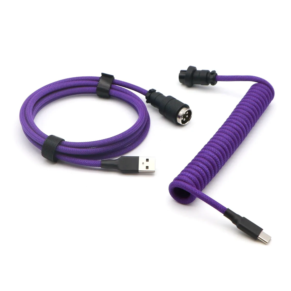 Purple coiled USB-C to USB-A cable with metal aviator connector, double-sleeved finish, 1.5m length