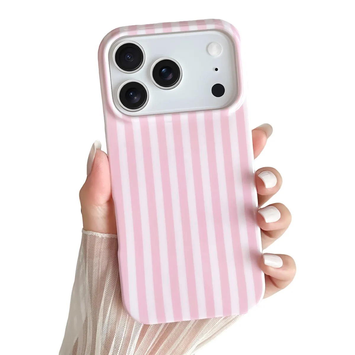 Pink striped TPU phone case for iPhone 17 Pro Max, slim flexible cover with raised camera edges