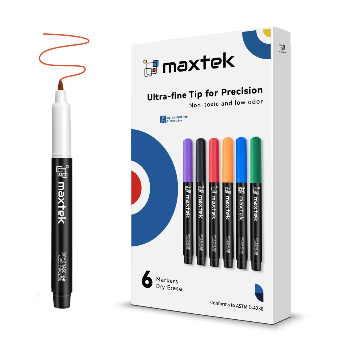  maxtek Dry Erase Markers Ultra Fine Tip 0.7mm Low Odor 6 Count — product photo