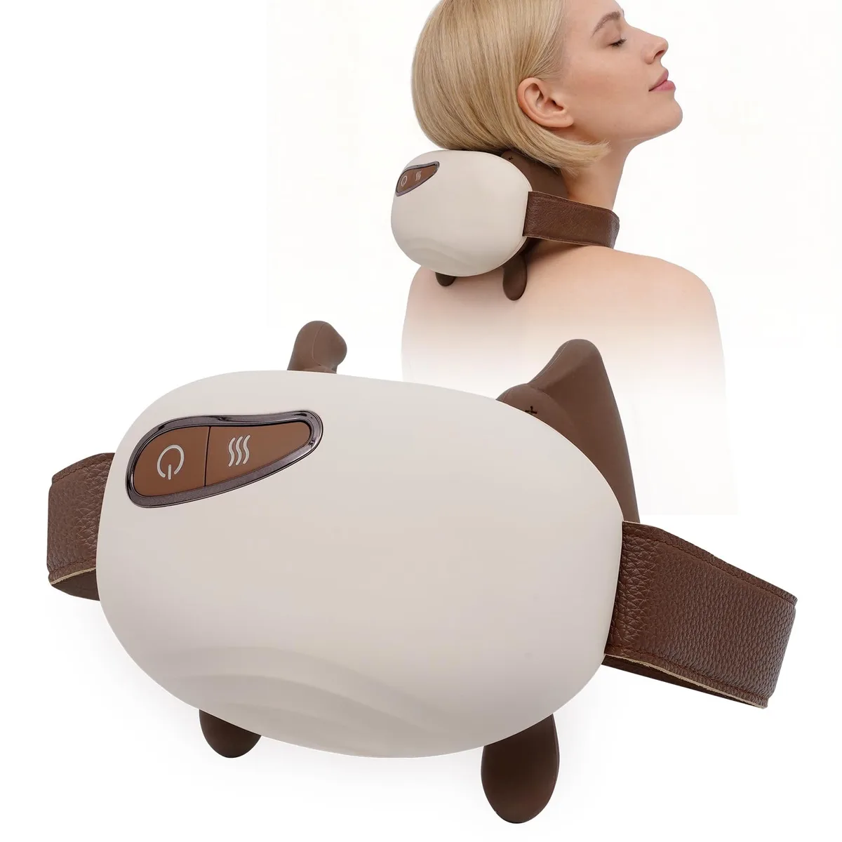Blue wrap-around neck massager with silicone nodes, adjustable strap, USB-C port