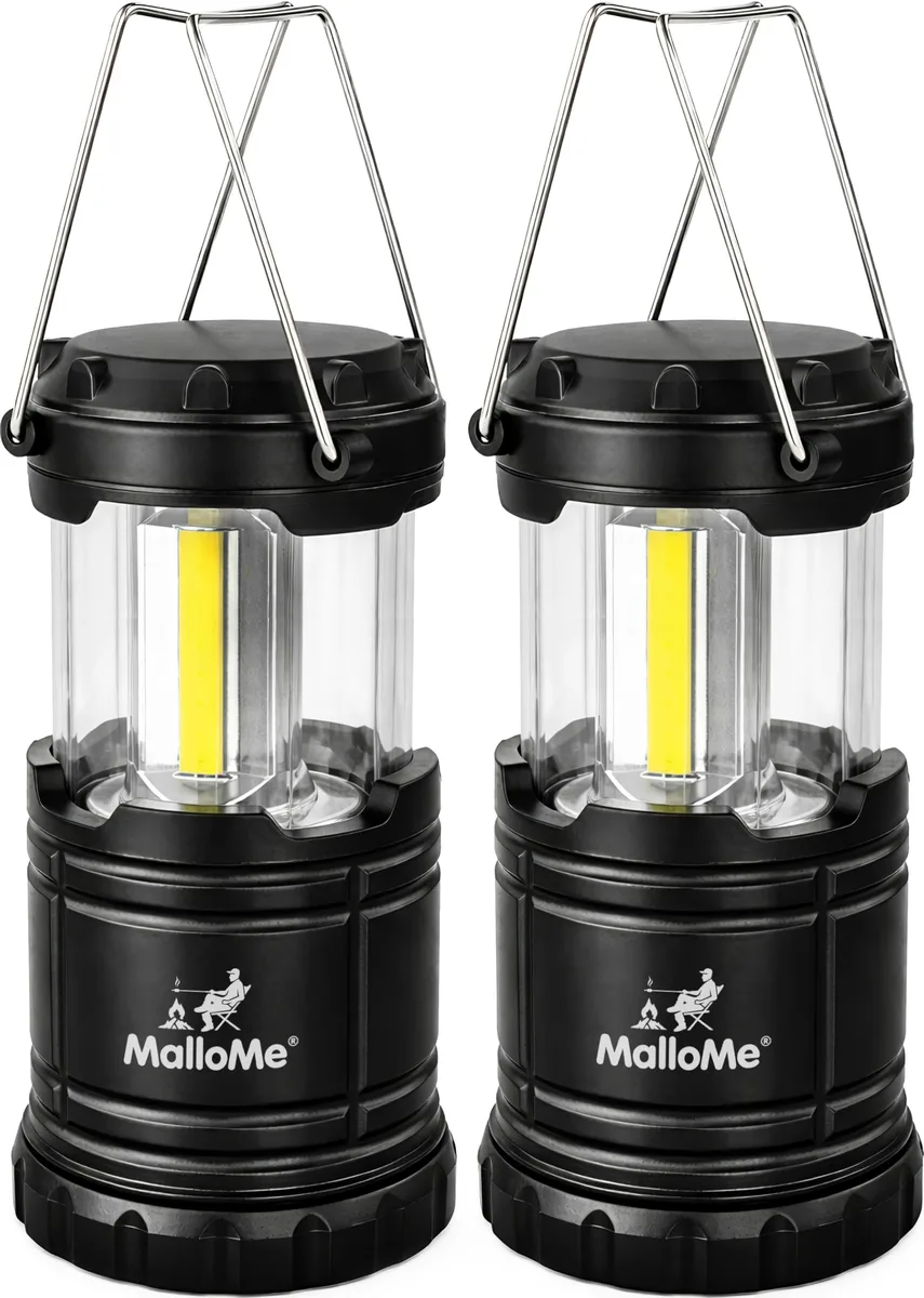 Two black collapsible COB lanterns, 3.7 inches closed, 300 lumen 360° light
