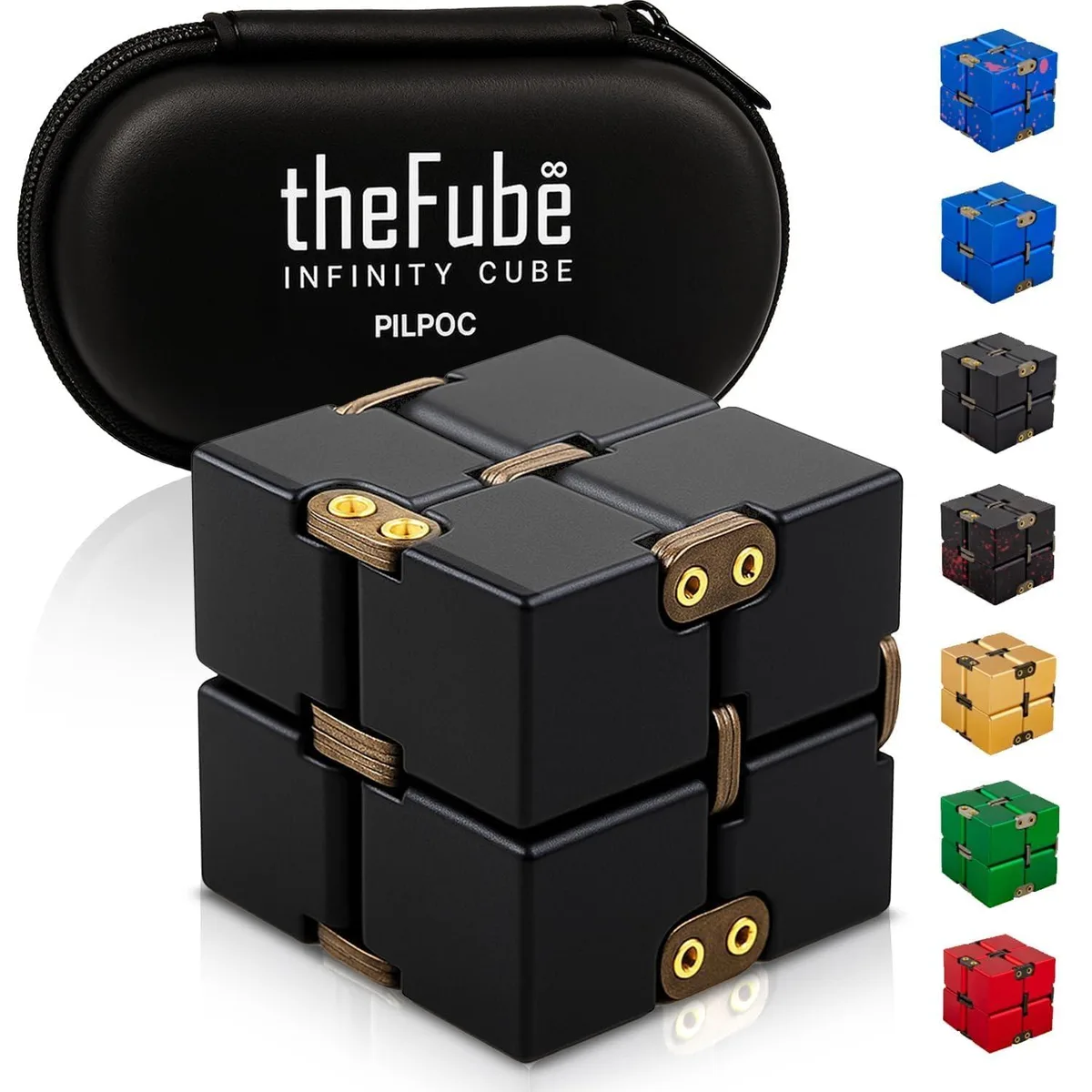 Black aluminium alloy infinity cube, 1.57 inches, with hinged sub-cubes and carry case