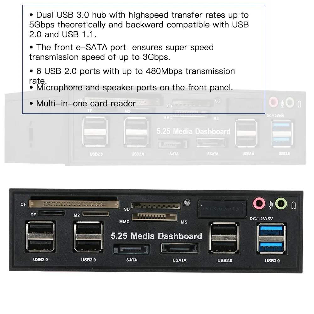 Hetai Tech Hetai Tech 5.25" Front Panel Card Reader eSATA SATA USB 3.0 Audio — product photo