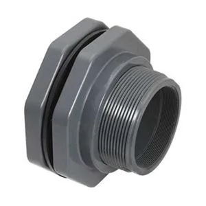 Gray PVC bulkhead fitting with 2-inch socket and threaded connections