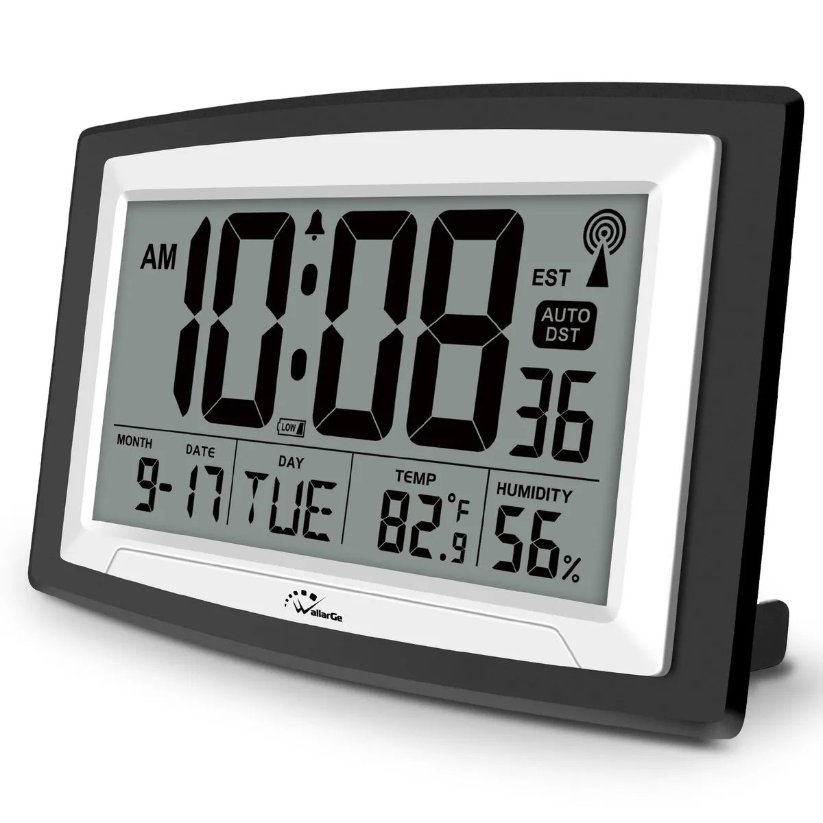 Black rectangular digital wall clock with large white display showing time temperature humidity no backlight