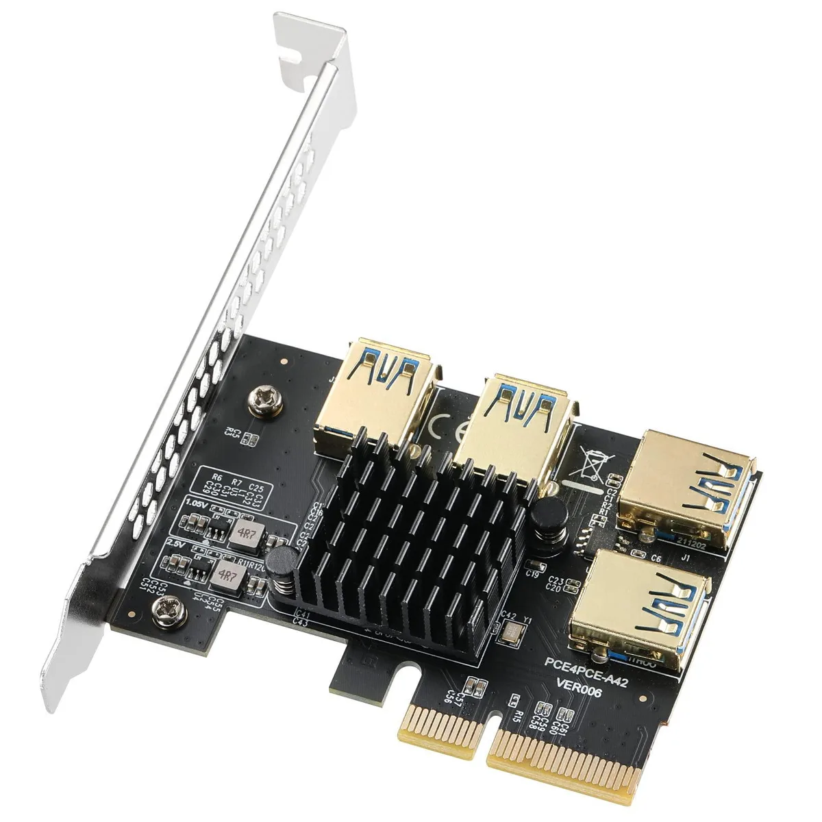 Green circuit board with four gold USB 3.0 ports and PCIe x4 edge connector