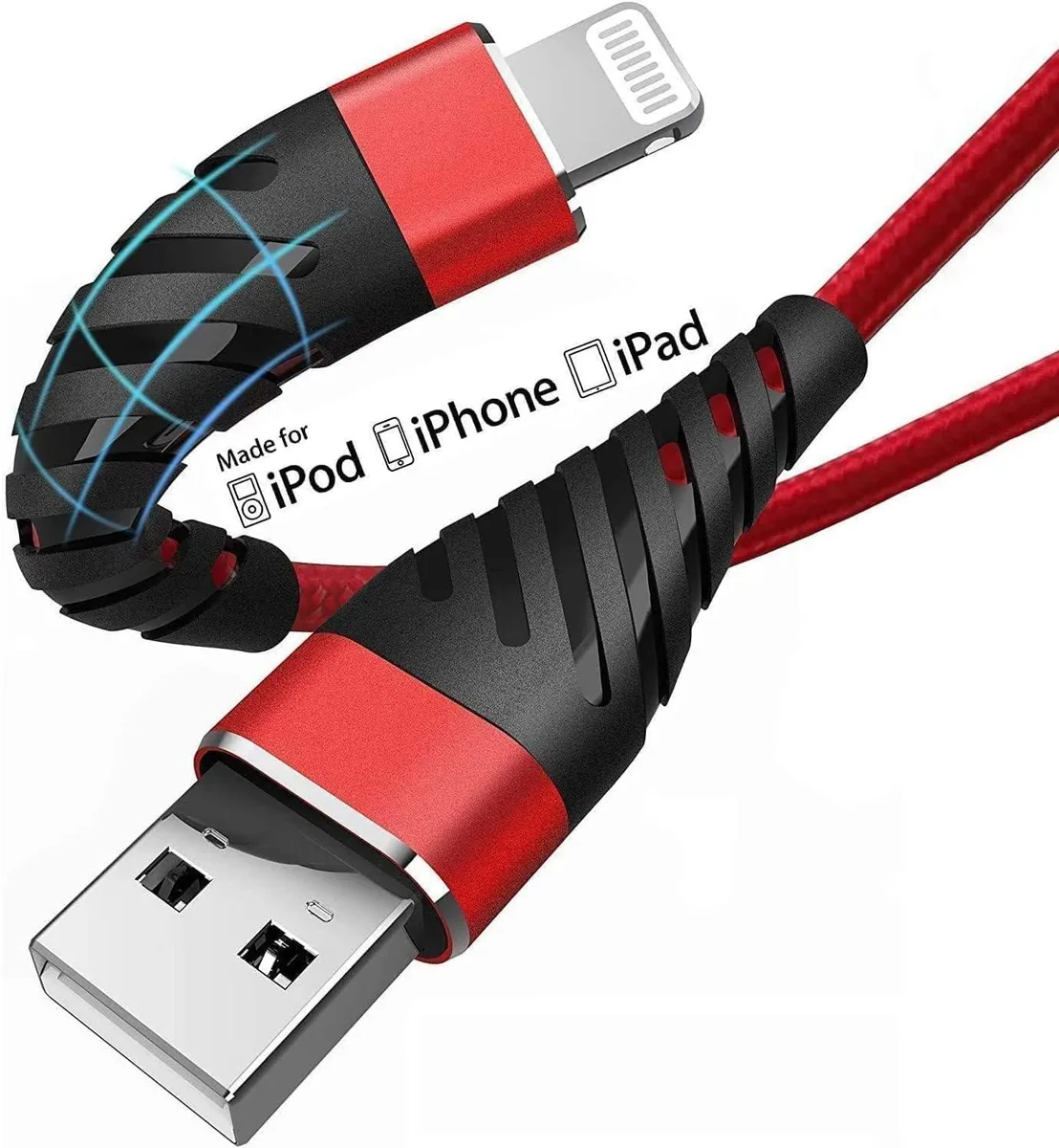 Two white braided Lightning cables with aluminium connectors coiled together