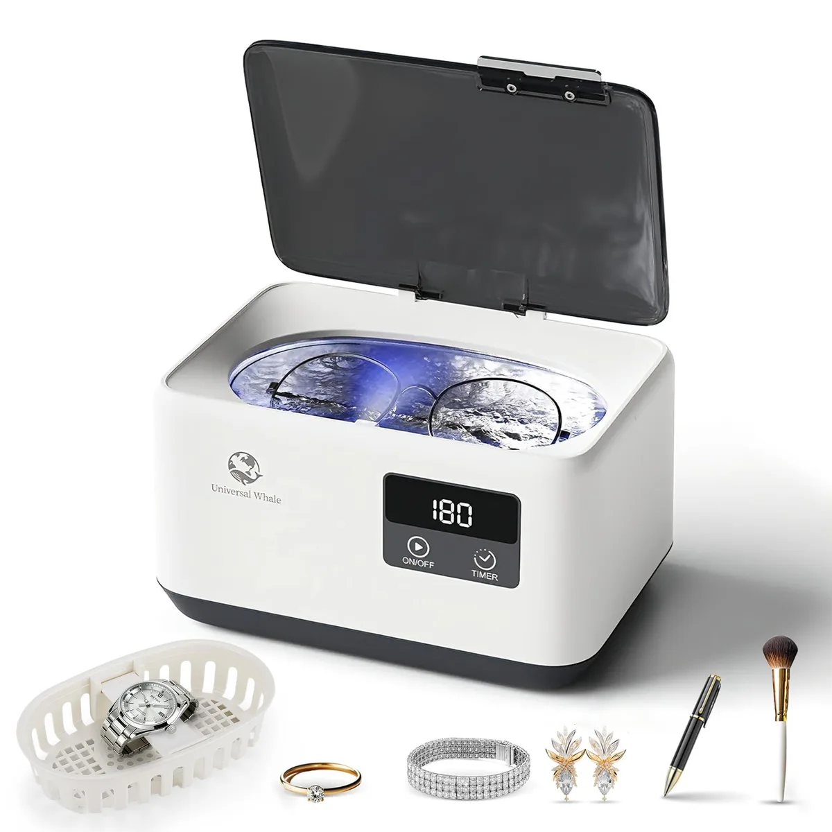 White rectangular ultrasonic cleaner with digital display and stainless steel basket on rubber feet