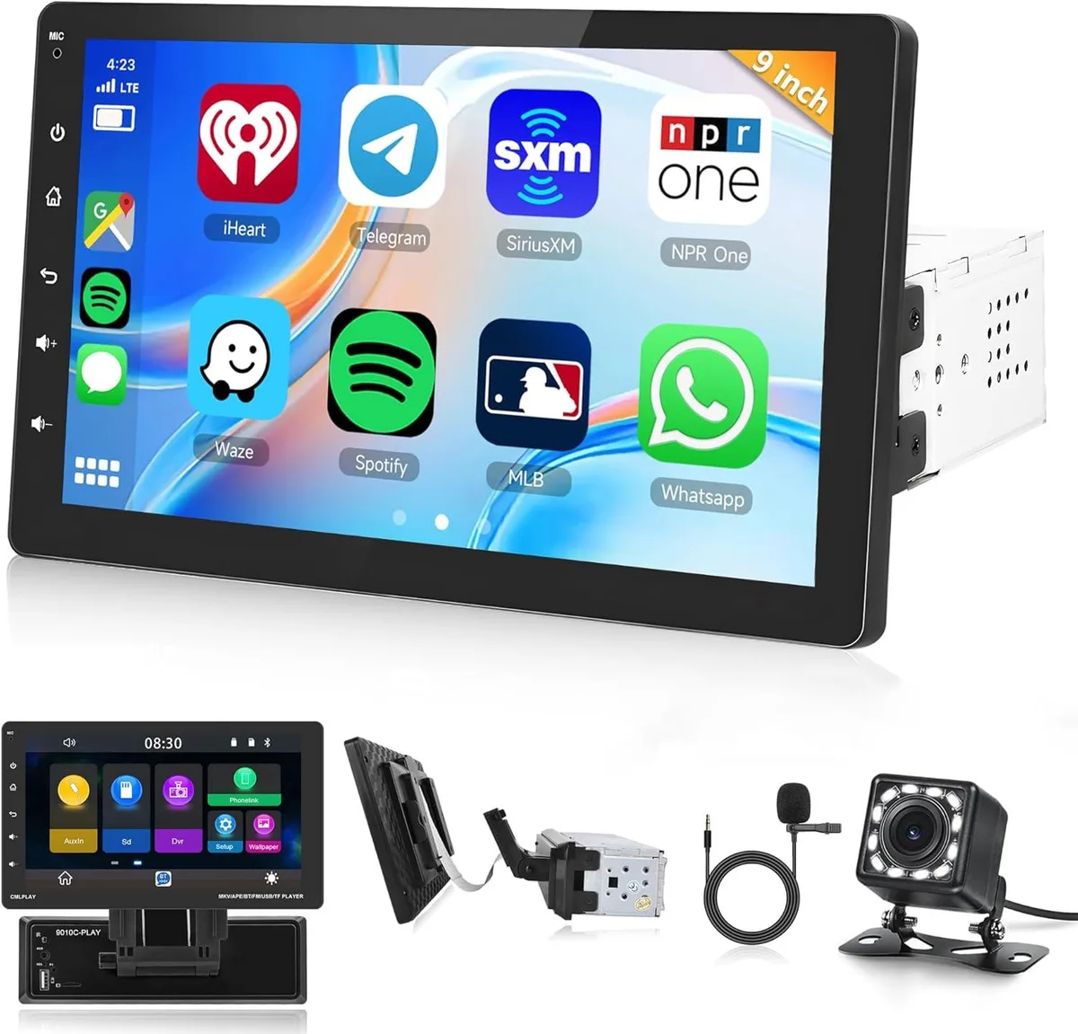 WUQ WUQ Single Din Car Stereo 9 Inch Detachable Touchscreen CarPlay Android Auto Backup Camera — product photo