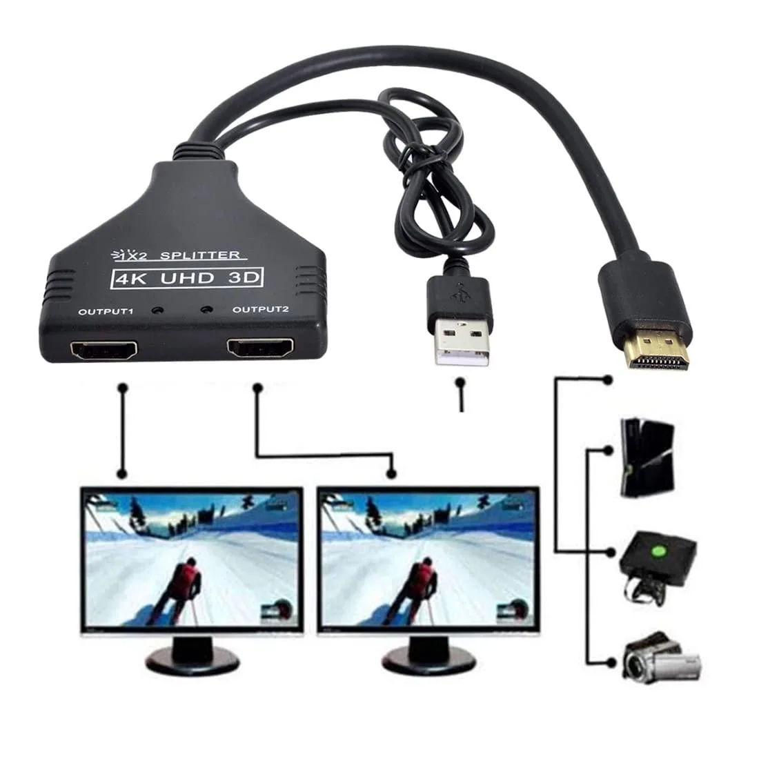 LORDWORLD LORDWORLD HDMI 1.3 Splitter 1 Male to 2 Female 20cm USB Power — product photo