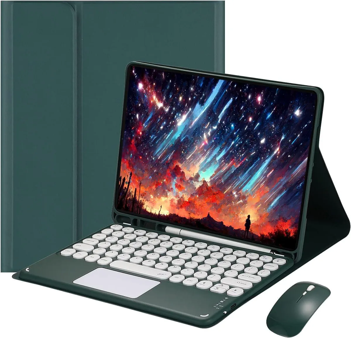 Dark green tablet case with detachable keyboard and wireless mouse
