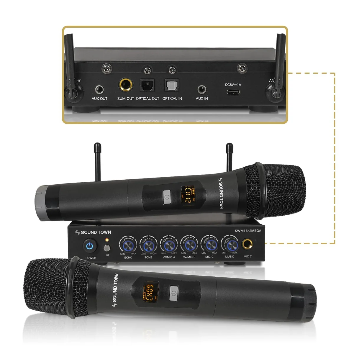  Sound Town SWM16-2MEGA 100 Channels Wireless Karaoke Mixer System with 2 Metal Handheld Microphones — product photo