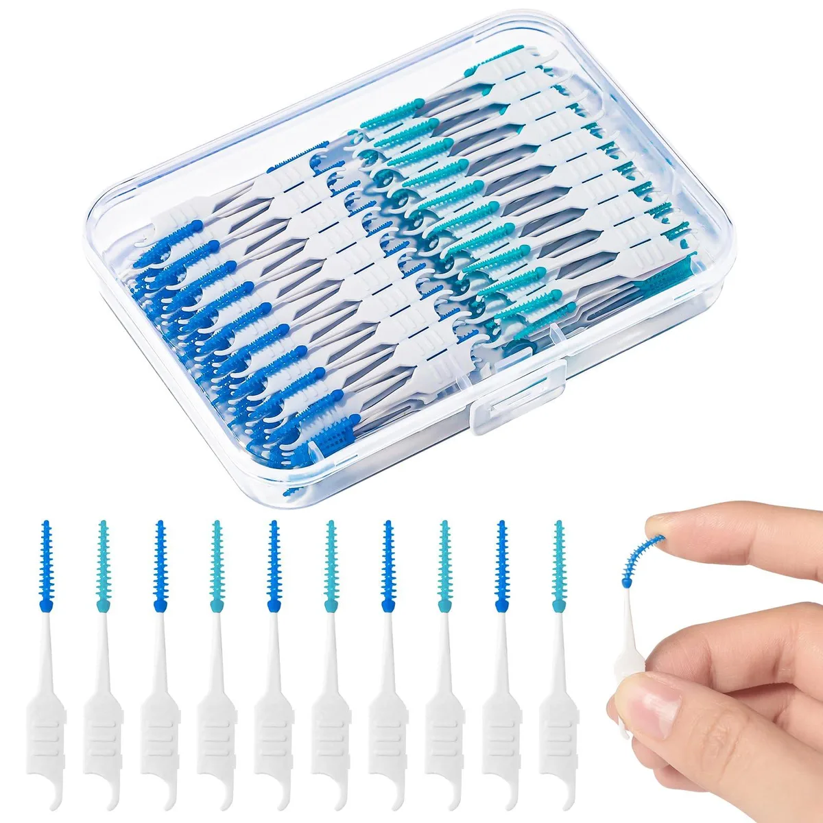 Transparent box holding 250 blue and green silicone interdental brushes with curved handles