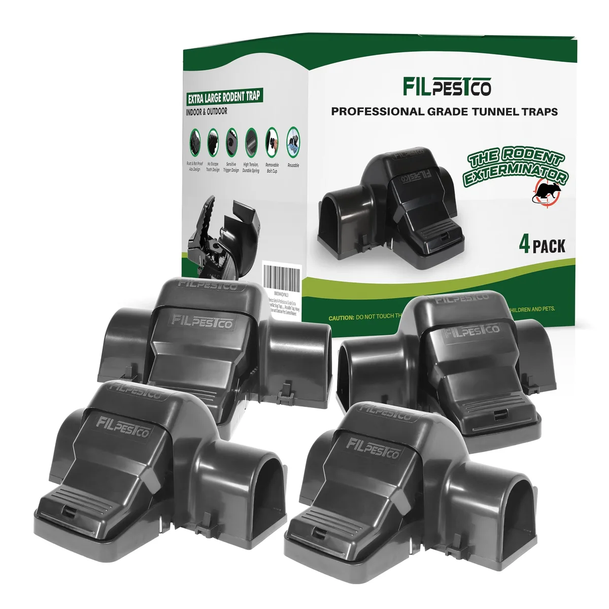 Four black plastic tunnel snap traps with covered jaws
