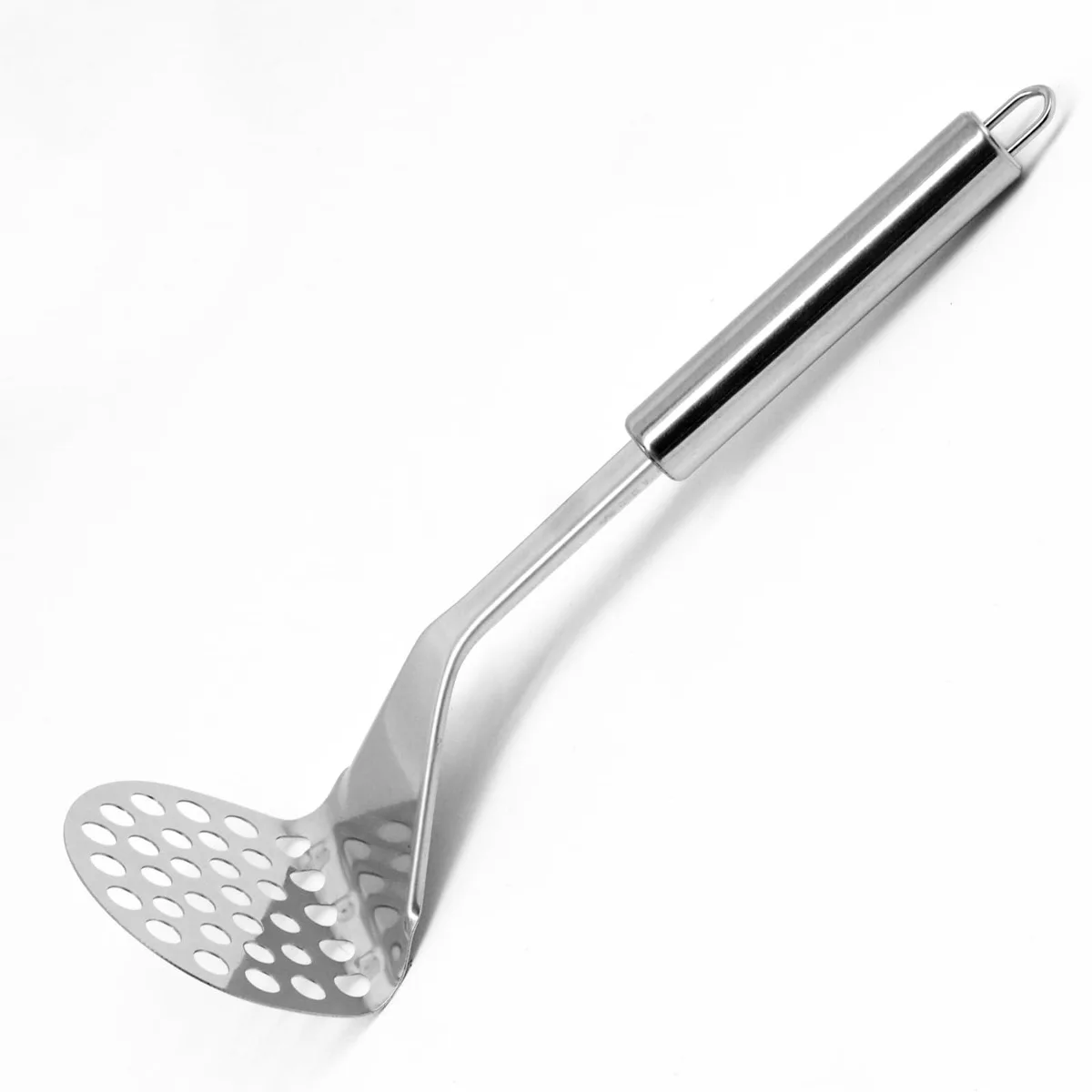 Small stainless steel potato masher with white handle, integrated one-piece design