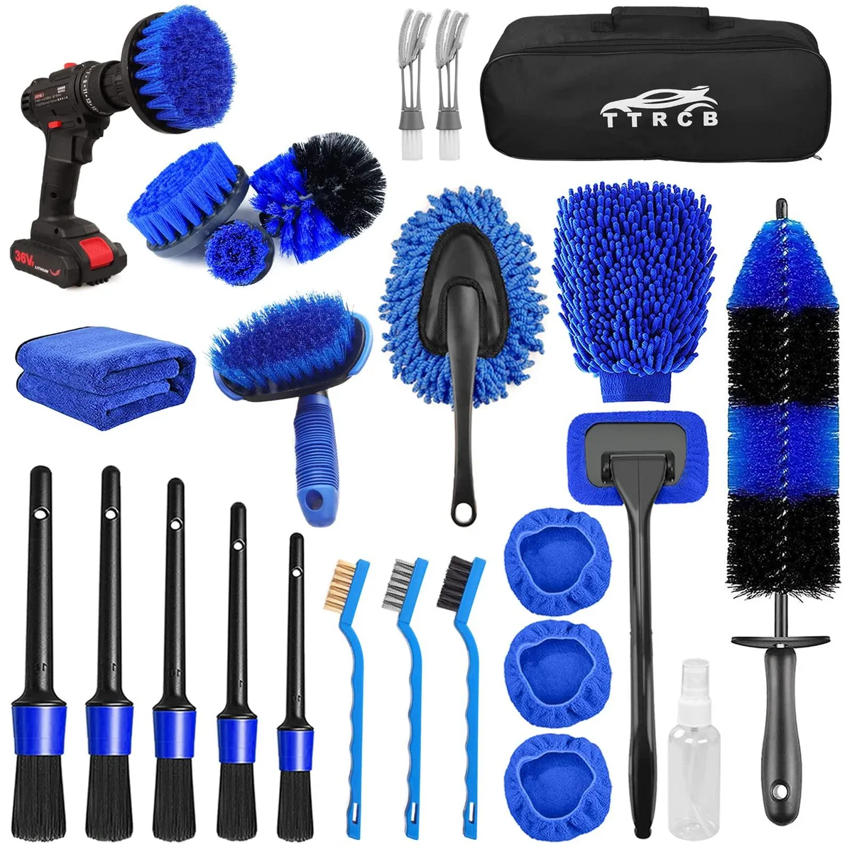 A 26-piece car detailing kit in a storage bag with brushes, cloths, a 100ml spray bottle and a 17-inch wheel brush