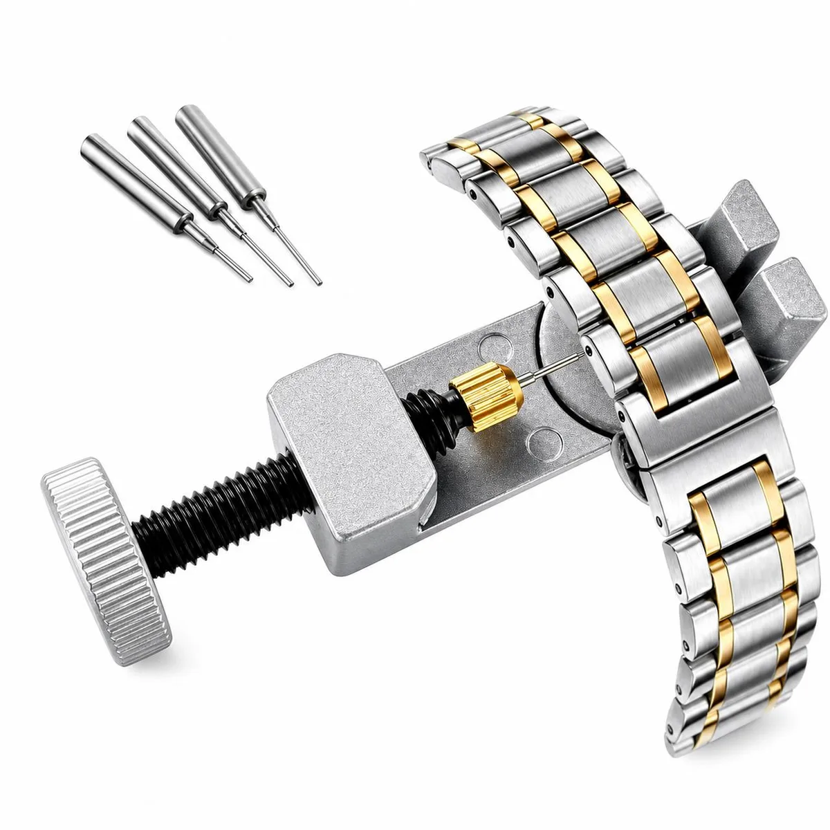 Metal watch band link pin remover tool kit in silver finish