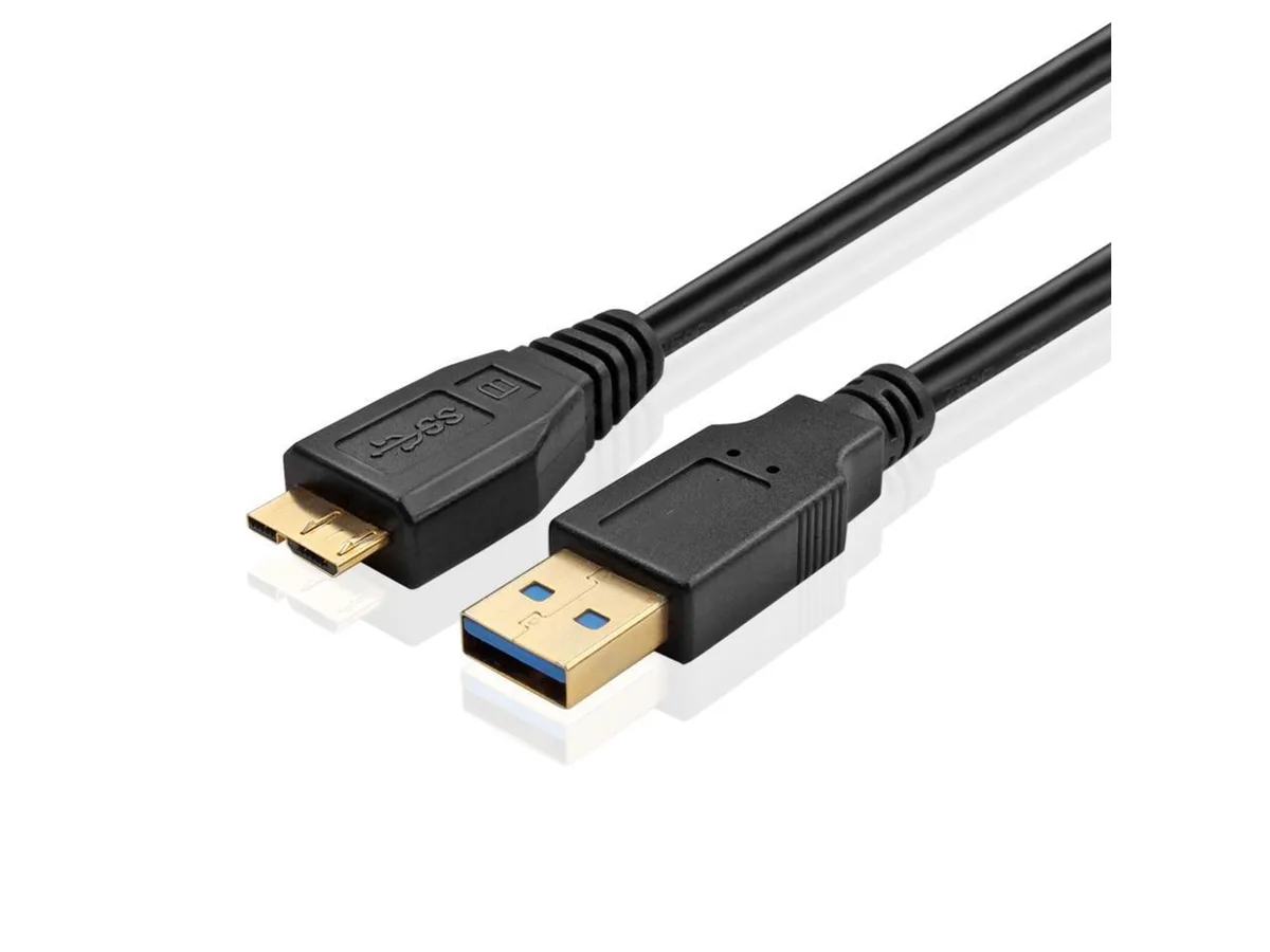 Black USB 3.0 Micro-B to Type-A cable, six-foot length, gold-plated connectors