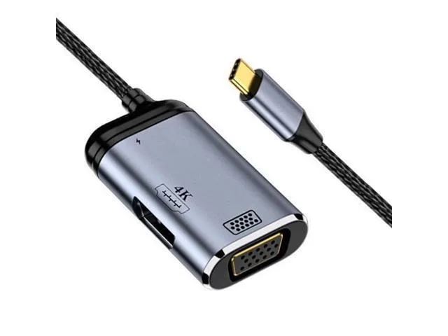 Compact USB-C adapter with HDMI, VGA and power delivery ports, dark matte finish