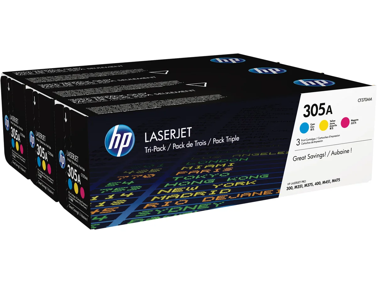 HP HP CF370AM 305A tri-colour toner pack 2600 pages — product photo