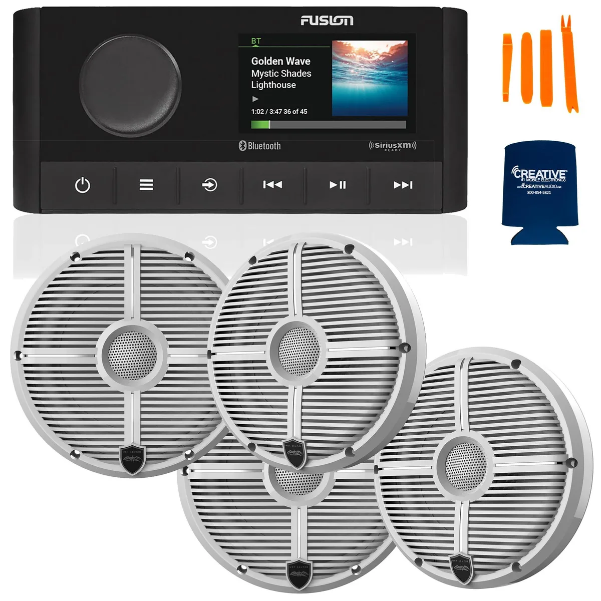 Fusion Entertainment Fusion MS-RA210 Marine Stereo with 2 Pair Wet Sounds RECON 6.5" Speakers, White Grill — product photo