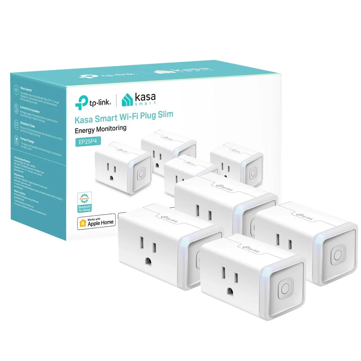Four compact white smart plugs with front-facing outlets and status LEDs
