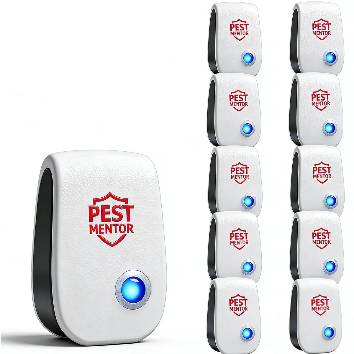 Ten white ultrasonic pest repellers with blue night lights plugged into wall outlets