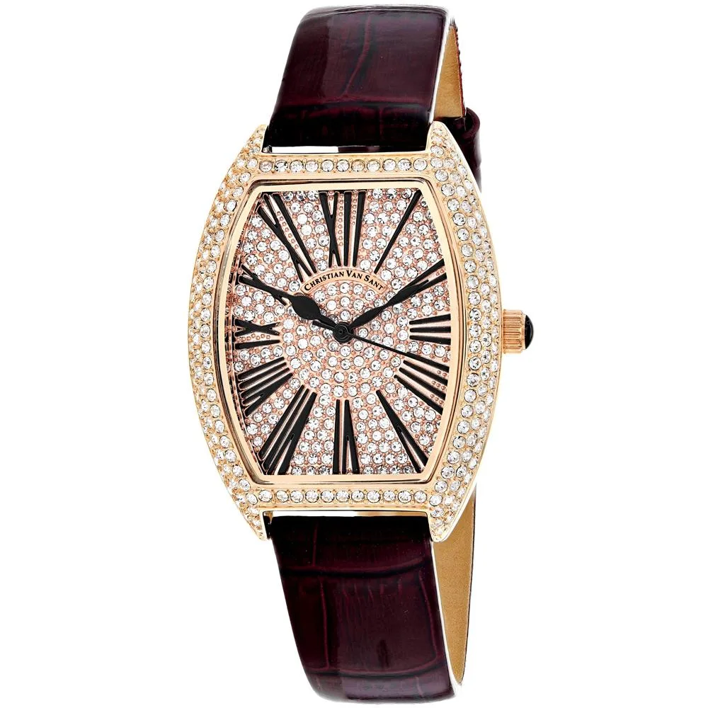 Rose gold quartz watch with stainless steel case and leather strap
