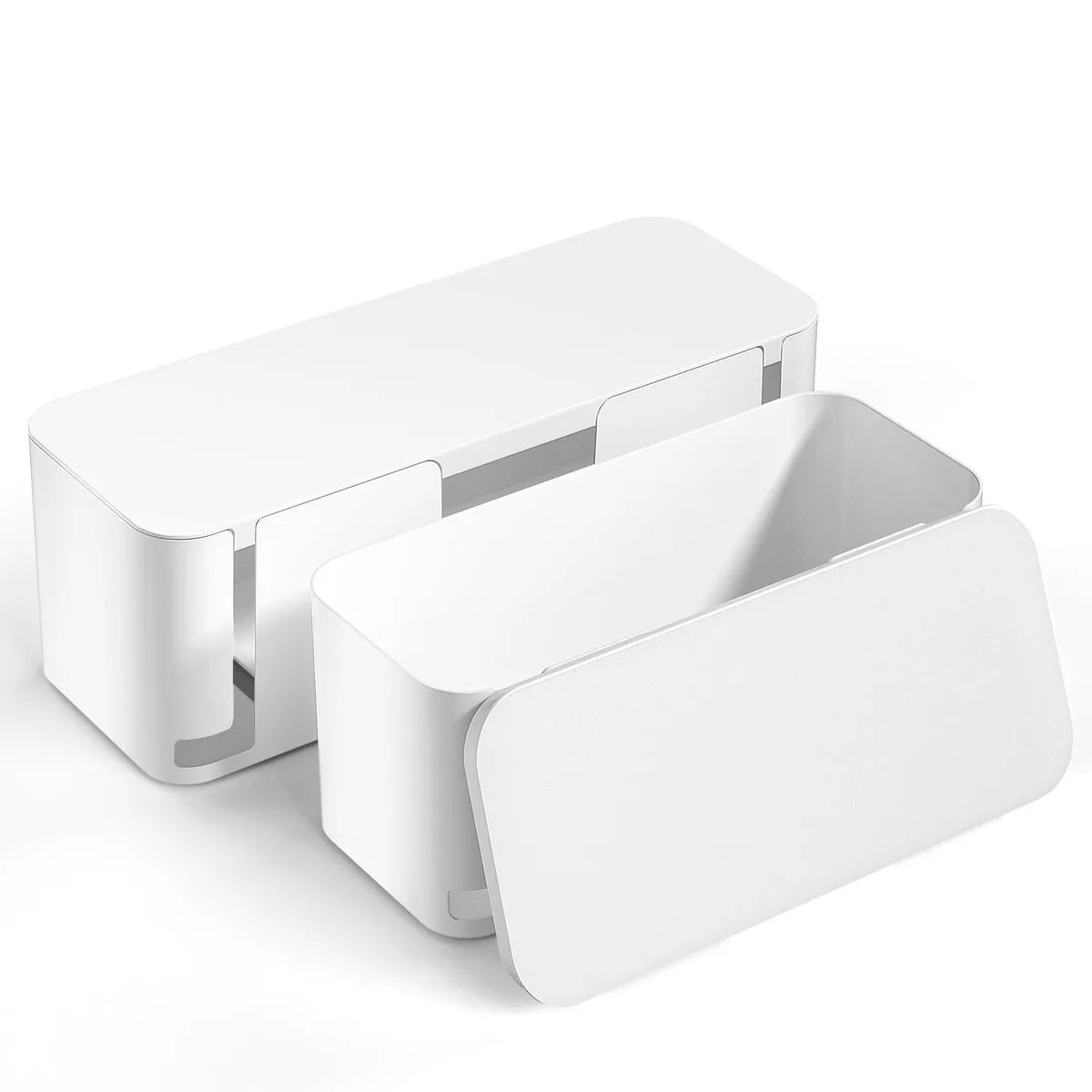 Two white ABS cable boxes, back opening, XL and M sizes, 15.7 by 5.8 by .1 inches