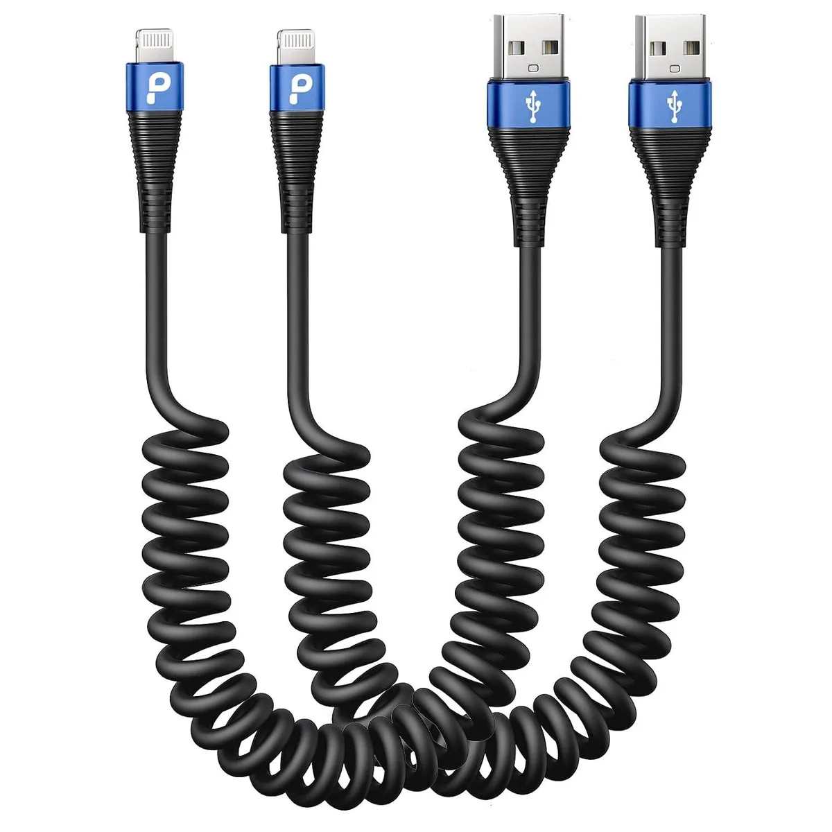 Two blue coiled Lightning cables with USB ends